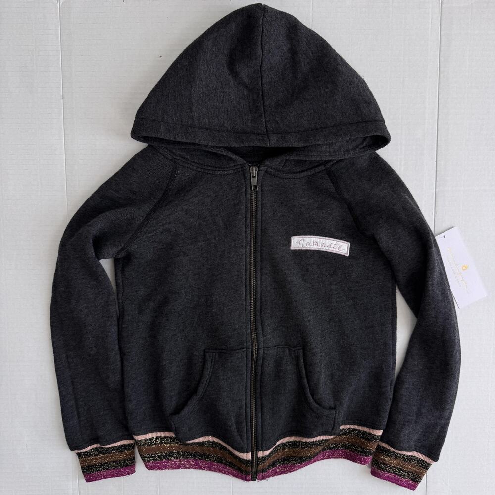 Spiritual Gangster Jacket Girls 8 Namaste Fleece Zip Hoodie Striped Hem Gray NEW